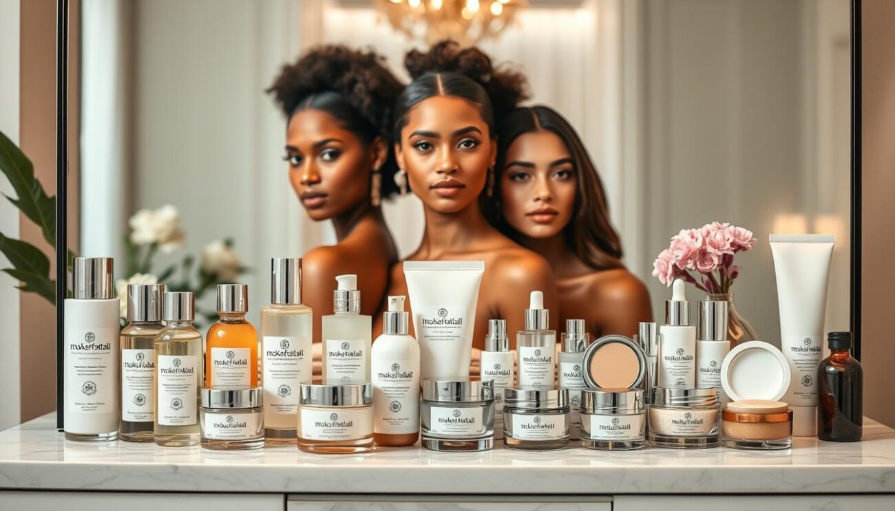 A harmonious arrangement of natural cosmetic products, showcasing an array of organic skincare and makeup items. In the foreground, a chic marble-topped vanity displays an assortment of sleek glass bottles, jars, and compacts adorned with the elegant brand name "mokafehalatall.com". The middle ground features beautifully styled models with radiant, glowing complexions, embodying the natural beauty and wellness benefits of these premium products. The background is softly lit, with a warm, inviting ambiance that evokes a sense of luxury and well-being. The overall composition exudes a sophisticated, yet approachable aesthetic, reflecting the transformative power of these high-quality, earth-friendly cosmetics.