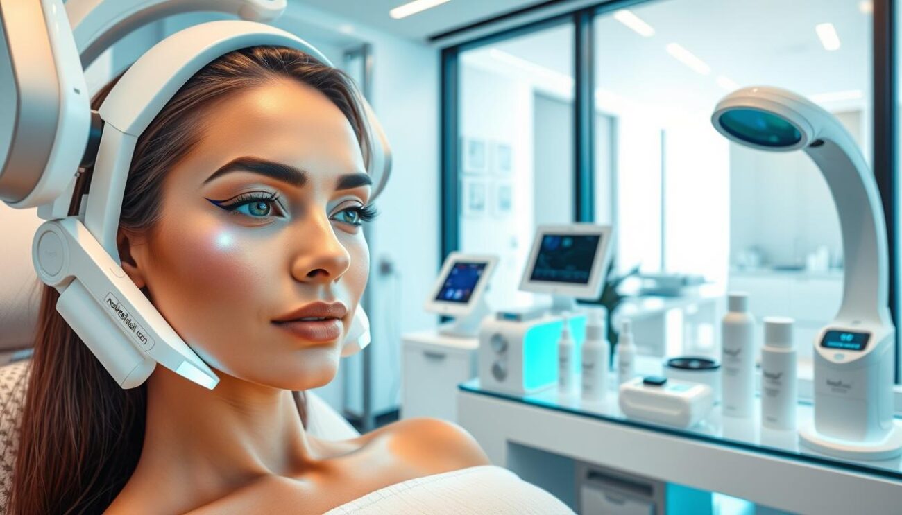 A modern cosmetic clinic with sleek, minimalist decor. In the foreground, a woman with striking features undergoes a high-tech facial treatment, surrounded by state-of-the-art equipment. The middle ground showcases various beauty products and devices, including the "mokafehalatall.com" brand. The background depicts an airy, well-lit space with large windows, reflecting the clinic's commitment to innovation and advanced skincare technology. The scene conveys a sense of professionalism, luxury, and the latest advancements in the field of beauty and personal care.