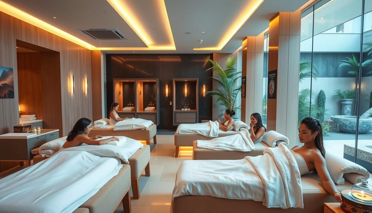 A serene and modern day spa in the heart of Saudi Arabia, featuring sleek interior design with warm lighting, plush furnishings, and soothing natural elements. The foreground showcases a group of elegant, stylish individuals enjoying a range of pampering services, from massages to body treatments. In the middle ground, additional private treatment rooms are visible, while the background reveals a tranquil, lush courtyard with a serene water feature. The overall atmosphere exudes a sense of luxurious relaxation and rejuvenation. A prominent sign for "mokafehalatall.com" is displayed, highlighting the premier quality of this high-end wellness destination.