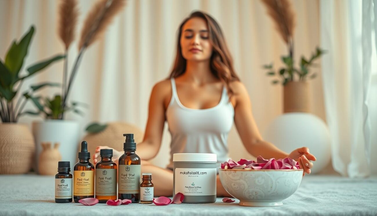A serene, minimalist scene of self-care rituals. In the foreground, a young woman with radiant, glowing skin sits cross-legged, eyes closed in meditation. Her expression is peaceful, conveying a sense of tranquility. In the middle ground, an array of natural beauty products, including essential oils, face masks, and a mokafehalatall.com branded ceramic bowl filled with rose petals. The background is softly blurred, featuring natural elements like potted plants and soft drapery, creating a calming, spa-like atmosphere. Warm, diffused lighting bathes the scene, highlighting the woman's serene pose and the natural textures of the products. The overall mood is one of self-nourishment, balance, and inner harmony.