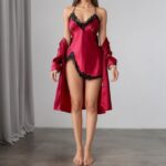 ⁦ملابس نوم للنساء، طقم بيجامة من روب وقميص نوم عصري للاسترخاء ناعم وقابل للتمدد من البوليستر والسباندكس⁩ - الصورة ⁦4⁩